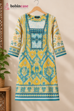 Teal & Mustard Ethnic Printed 3-Piece Salwar Kameez - Image 3