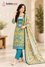 Teal & Mustard Ethnic Printed 3-Piece Salwar Kameez - Image 4