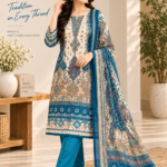 Teal Blue Ethnic Printed 3 Piece Salwar Kameez
