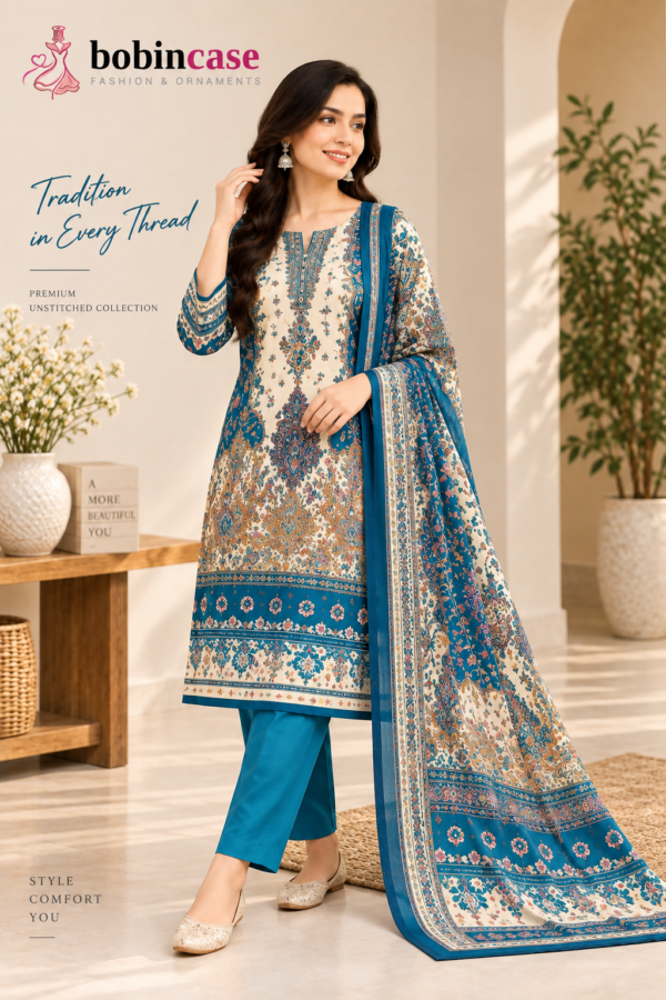 Teal Blue Ethnic Printed 3 Piece Salwar Kameez