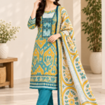 Teal & Mustard Ethnic Printed 3-Piece Salwar Kameez