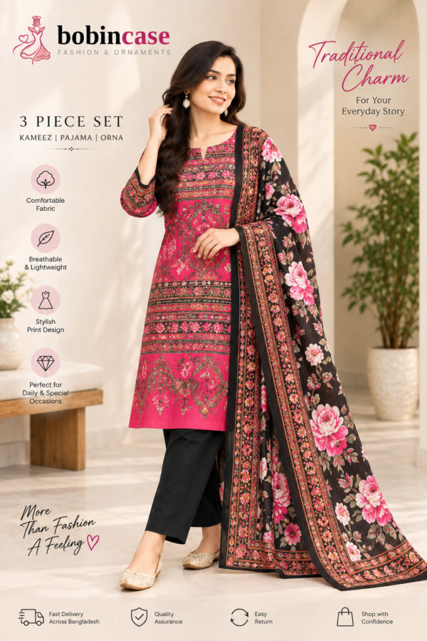 Magenta Black Floral Printed 3 Piece Salwar Kameez